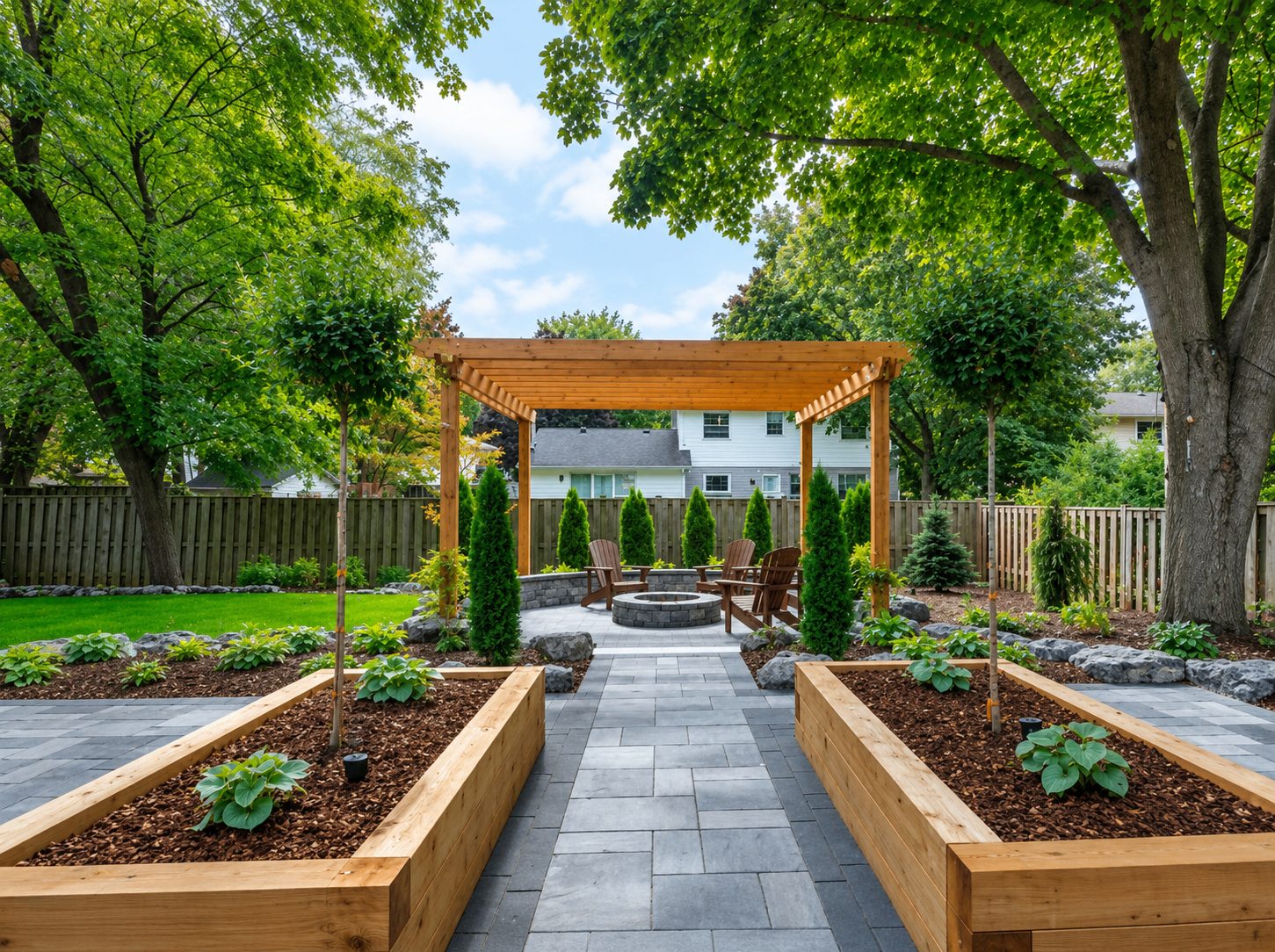 Backyard transformation with cedar pergola, paver patio, fire pit and raised garden beds